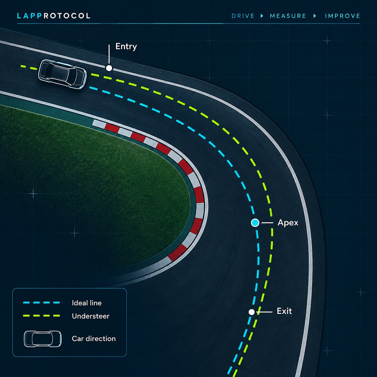 Cornering illustration comparing an ideal line with a wider understeer line from entry to exit.