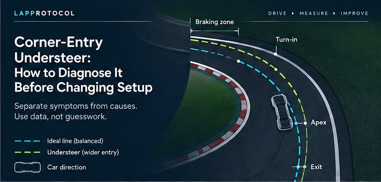 Cornering illustration comparing an ideal line with a wider understeer line from entry to exit.