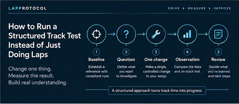 Structured track-test infographic showing baseline, question, one change, observation and review as a connected sequence.