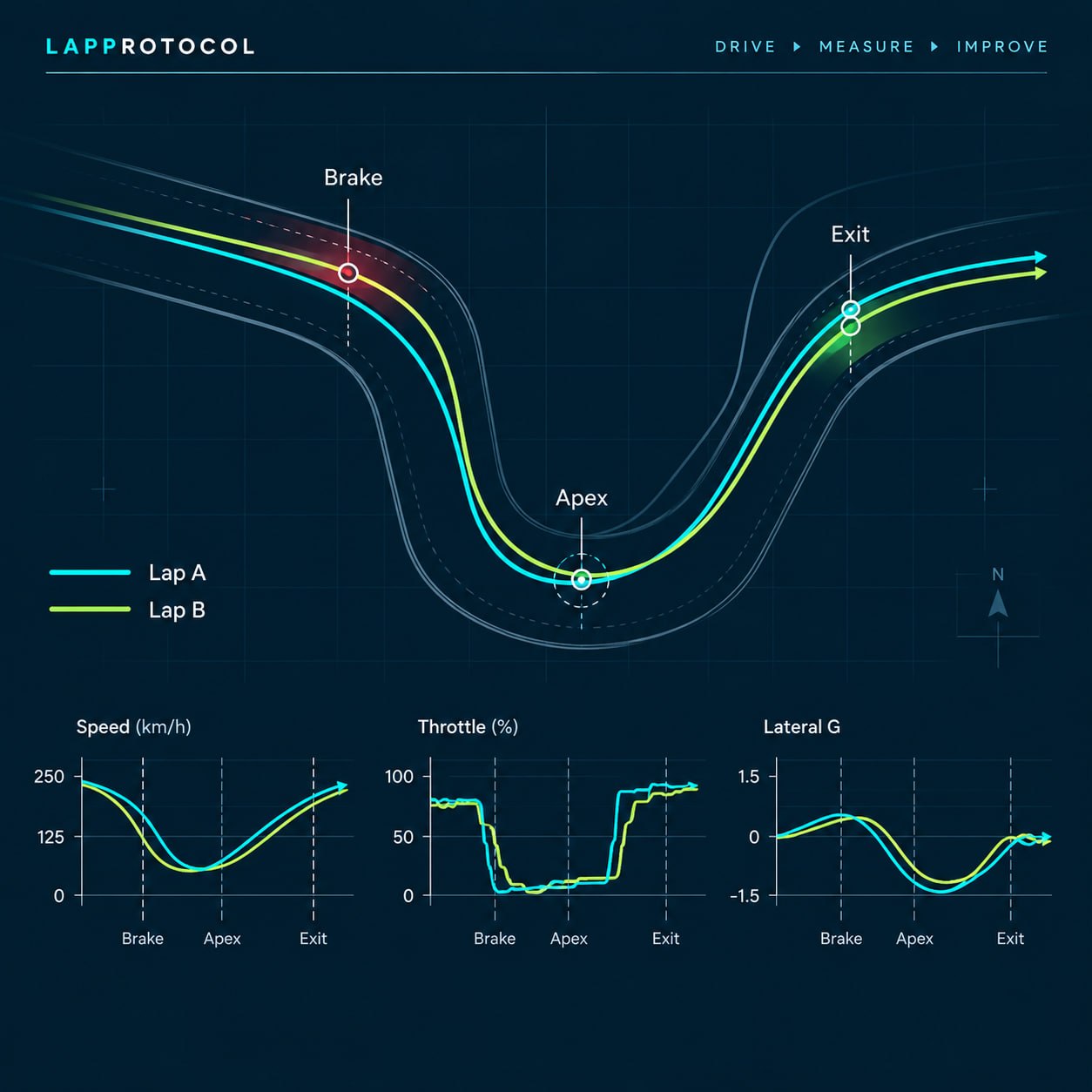 Illustrated telemetry comparison showing braking, entry, mid-corner and exit phases with two contrasting lap traces.