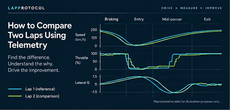 Telemetry infographic comparing two laps across braking, entry, mid-corner and exit with speed, throttle and lateral-G traces.