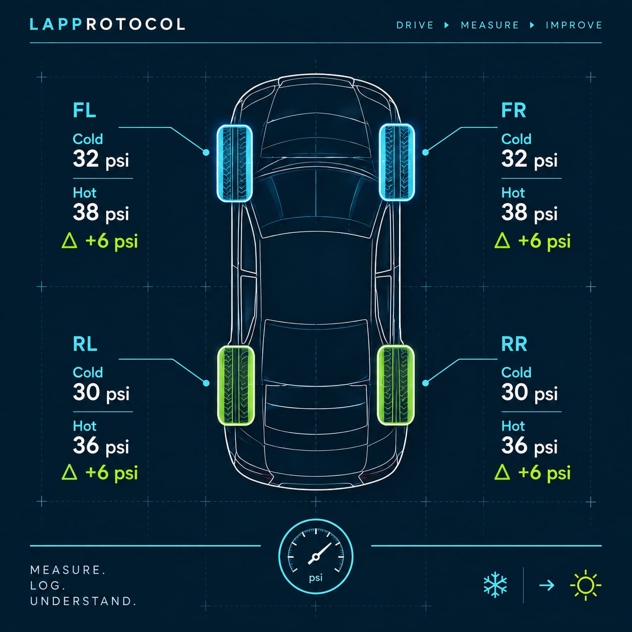 Top-down car illustration showing cold and hot tyre pressures for all four corners.