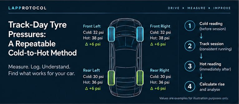 Top-down car illustration showing cold and hot tyre pressures for all four corners.