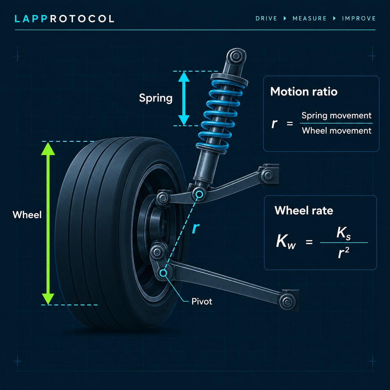 Suspension illustration showing wheel movement, spring movement, motion ratio and wheel-rate formula.