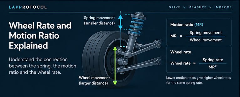Wheel-rate infographic showing wheel and spring movement, motion ratio and the squared wheel-rate formula.